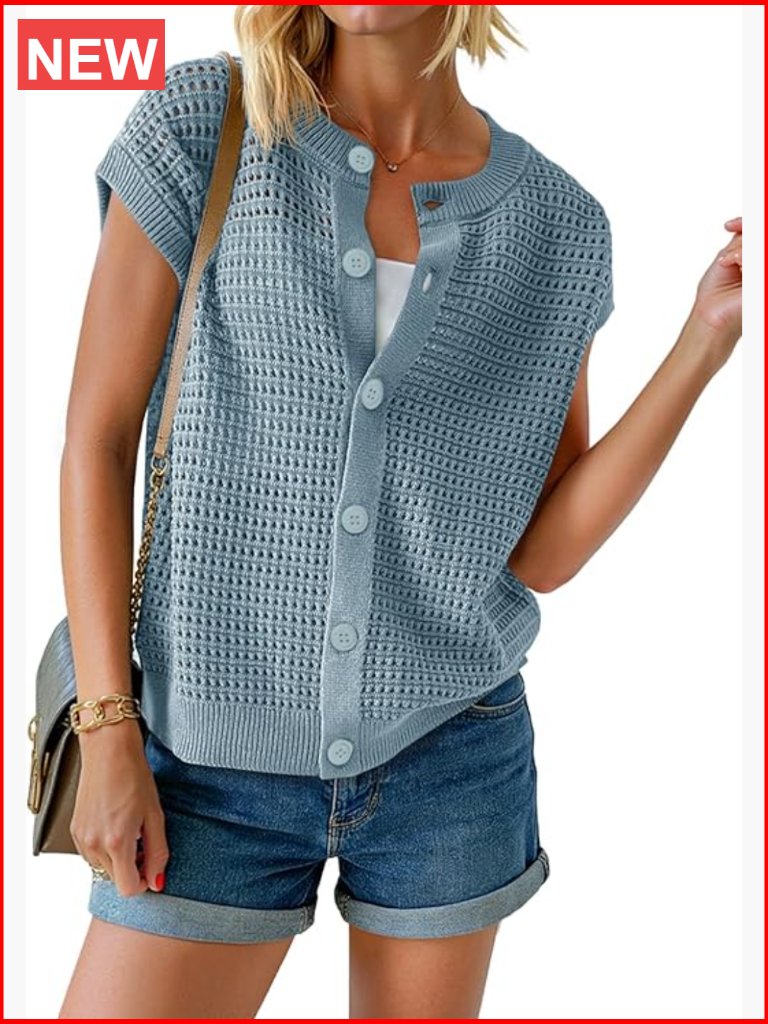 Crochet Button Down Cap Sleeve Sweater Vest Crew Neck Summer Knit Top